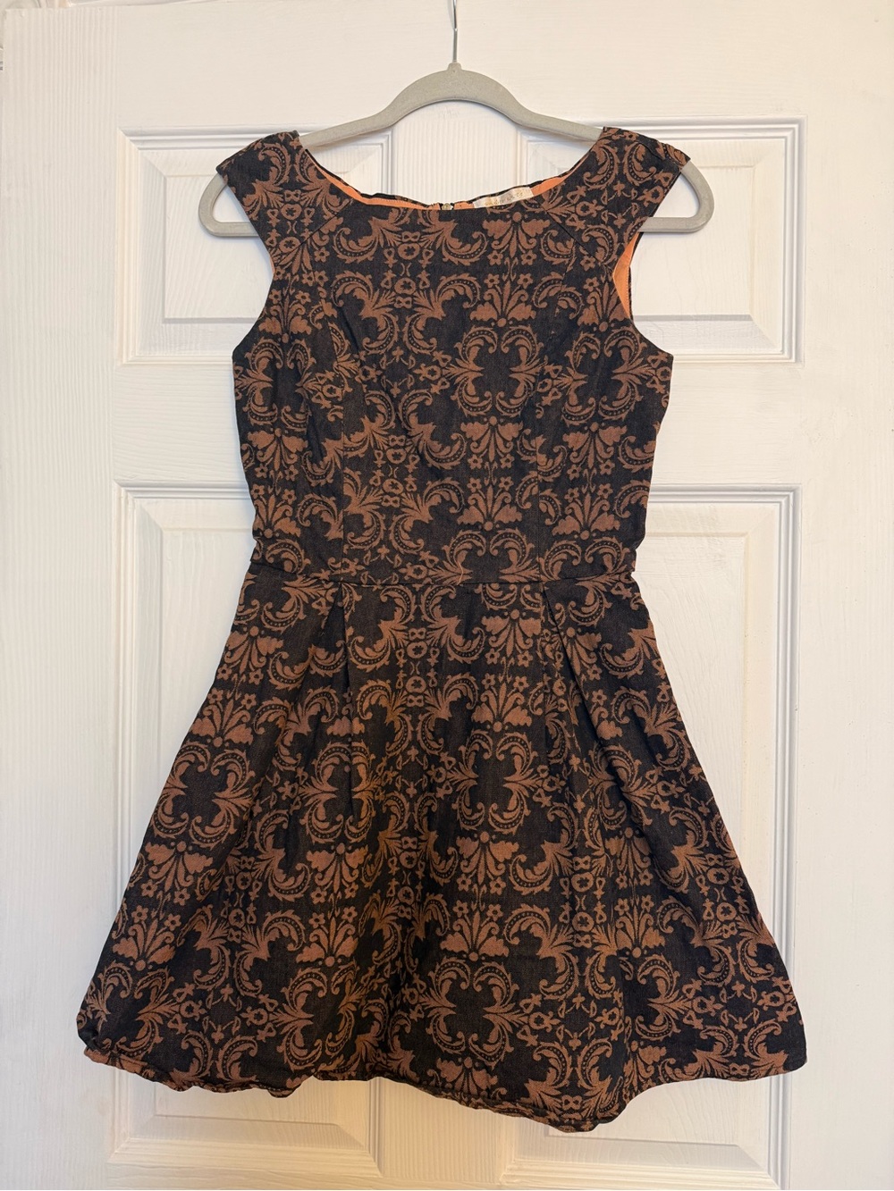 Cotton Blend, Black and Copper Damask Fit-and-Flare Dress